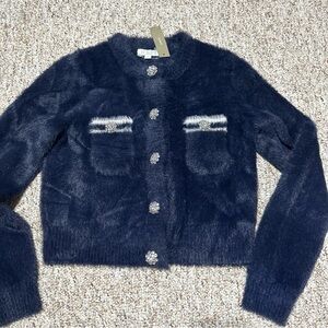 J. Crew Navy Plush Cardigan with Crystal Cluster Button